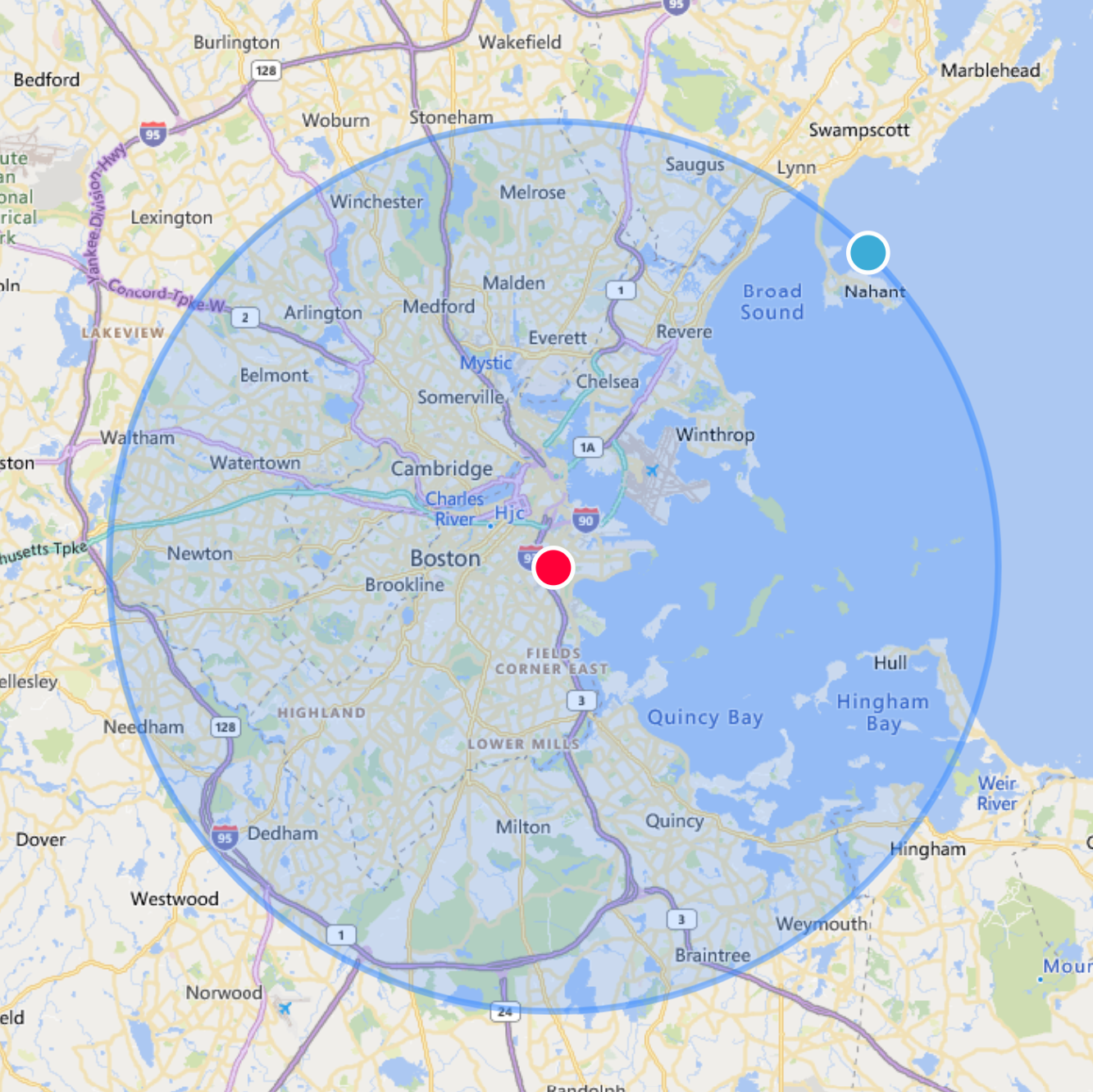 a map of our drone site visits. A 10-mile radius from Boston.